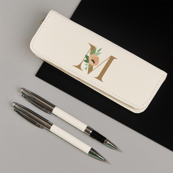 Monogramă flori - Set de scris în penar de piele