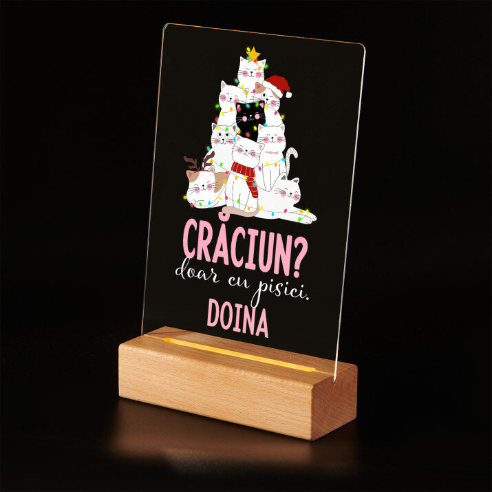 crăciun cu pisici - Imprimare pe sticlă acrilică cu suport LED