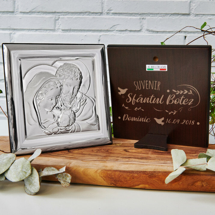 Suvenir la botez - Sfânta Familie - Pătrat - Imagine argintie