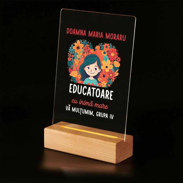 Educatoare cu inimă mare - Imprimare pe sticlă acrilică cu suport LED