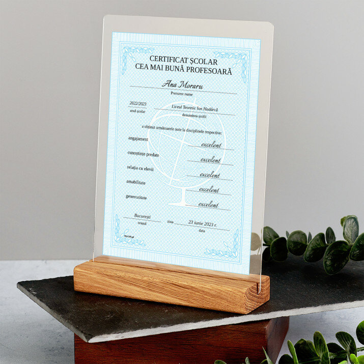 certificat pentru cea mai bună profesoară - albast - Imprimare pe sticlă acrilică