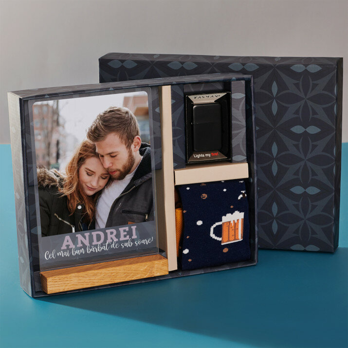 Set cadou pentru iubit cu imprimare pe sticlă și brichetă