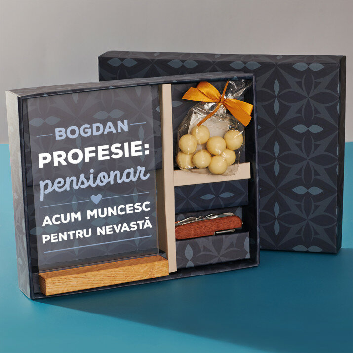Set cadou pentru pensionar cu imprimare pe sticlă și briceag