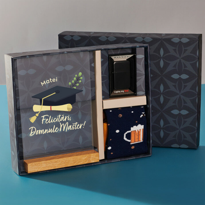 Set cadou pentru master cu imprimare pe sticlă și brichetă