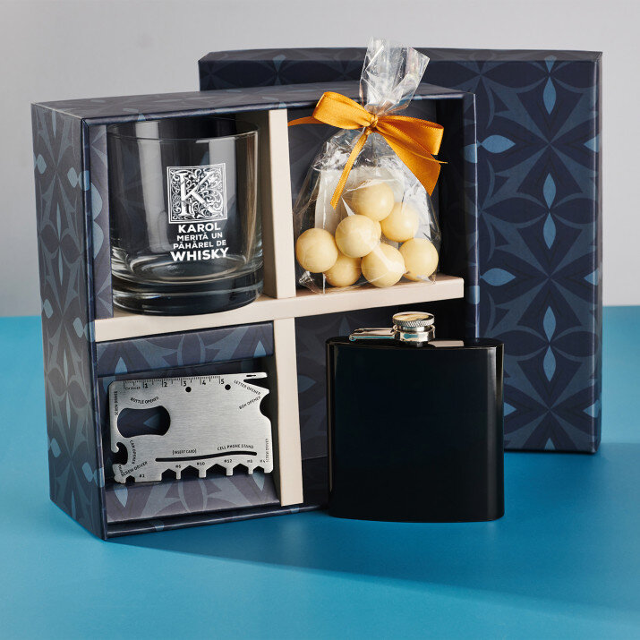 Set cadou pentru logodnic, cu pahar pentru whisky