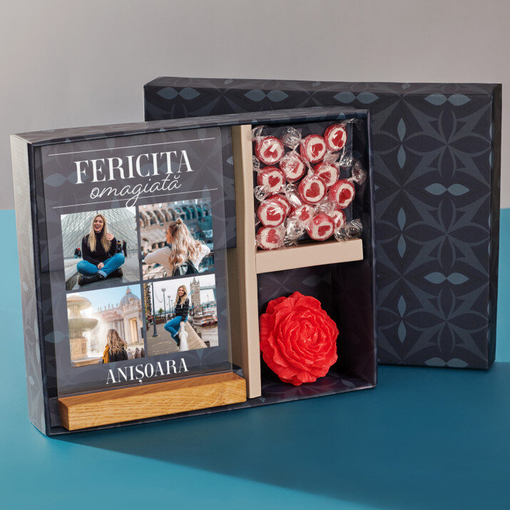 Set cadou la aniversarea 30 de ani cu imprimare pe sticlă și bomboane