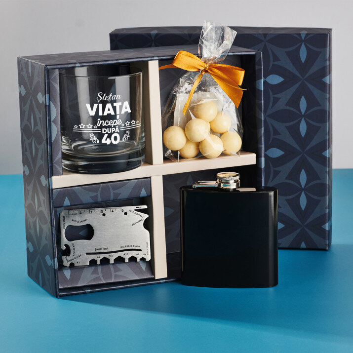 Set cadou la aniversarea 40 de ani cu pahar pentru whisky