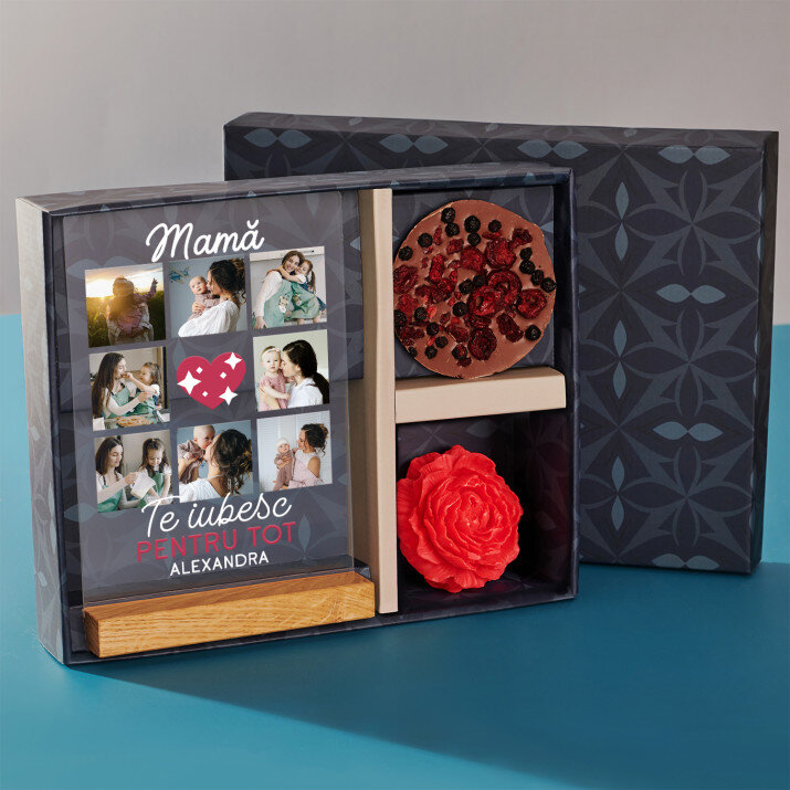 Set cadou de ziua mamei cu imprimare pe sticlă și ciocolată