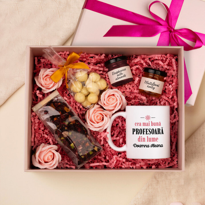 Set cadou de ziua profesorului cu cană, ceai și bomboane