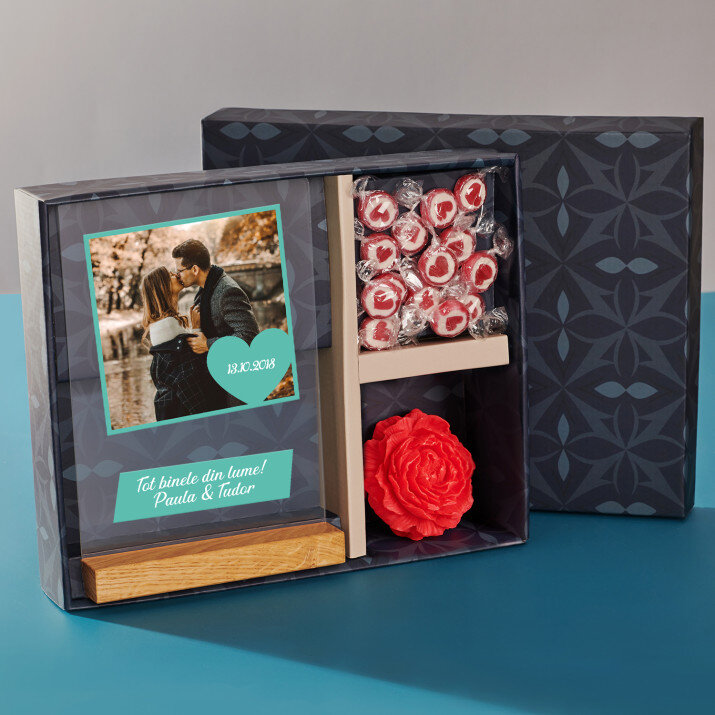 Set cadou la nuntă cu imprimare pe sticlă și bomboane