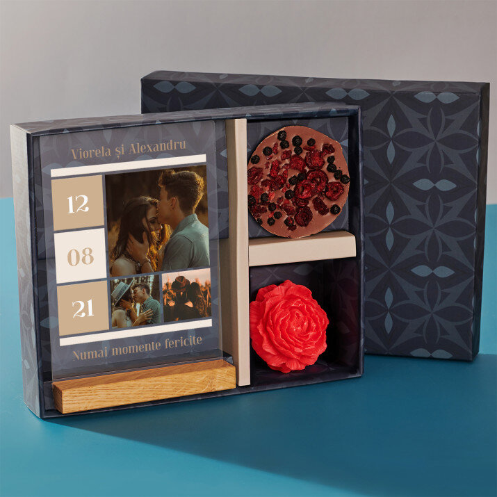 Set cadou de nuntă cu imprimare pe sticlă și ciocolată