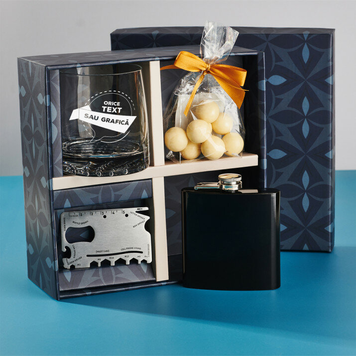 Set cadou proiect propriu, cu pahar pentru whisky