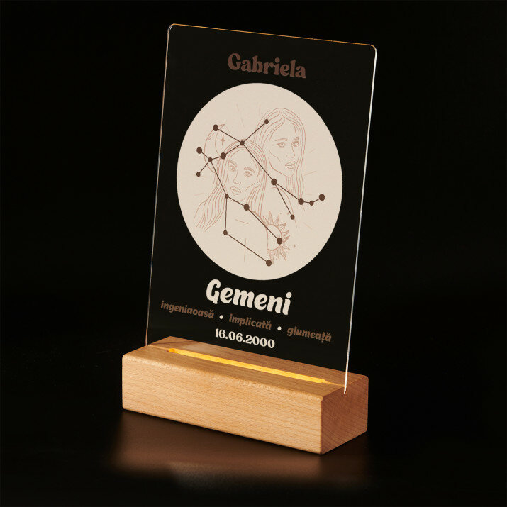 semn zodiacal - gemeni - Imprimare pe sticlă acrilică cu suport LED